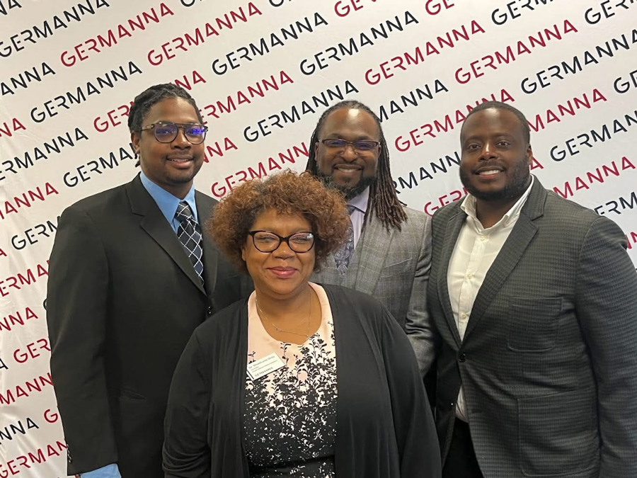 Professor King (far right) pictured (from left) with Devon Holt, Executive Director of G3 Community Services, Dr. Shashuna Gray, Vice President of Academic Affairs and Workforce Development, and Vernon Green, Founder and CEO of GCubed Inc., at a Germanna Community Connections Roundtable discussion on the Collegeâs success and retention of African American males