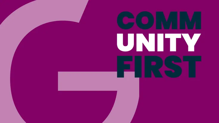 A light purple "G" and the words "Community First" on a purple background